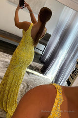 Sparkly Yellow Mermaid Lace Long Prom Dress with Beading