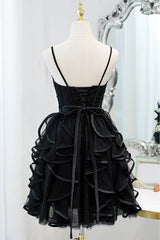 Special Black Ruffled Short Homecoming Dress with Spaghetti Straps