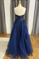 Strapless Blue Lace Long Prom Dresses, Navy Blue Lace Long Formal Evening Dresses