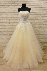 Strapless Champagne Long Prom Dresses with Lace Appliques, Champagne Lace Formal Evening Dresses