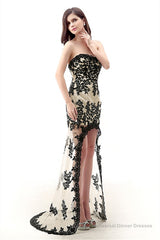 Strapless Lace Appliqued Chiffon Asymmetrical Prom Dresses