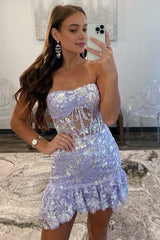 Strapless Lavender Sequin Tight Mini Dress with Ruffles