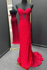 Strapless Mermaid Red Lace Long Prom Dresses