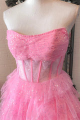 Strapless Pink Black Tulle Long Prom Dresses, Shiny Pink Black Tulle Long Formal Evening Dresses