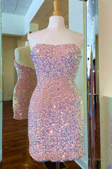 Strapless Pink Sequined Bodycon Homecoming Dress