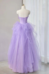 Strapless Purple Long Tulle Prom Dress with Flower, Purple Floral Long Tulle Formal Evening Dresses