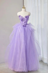 Strapless Purple Long Tulle Prom Dress with Flower, Purple Floral Long Tulle Formal Evening Dresses