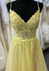 Straps Yellow Long Prom Dresses with Lace Top