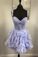 Straps Lavender A-line Ruffle Short Homecoming Dress