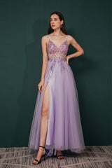 Stunning Front Split Spaghetti Straps Long A Line Beaded Prom Dresses