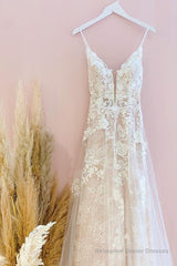 Stunning Long A-Line Spaghetti Straps Tulle Lace Wedding Dress