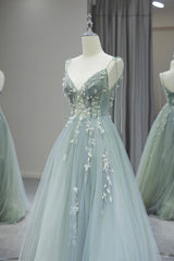 Stylish Spaghetti Strap Tulle Floor Length Formal Dress, Gray Green V-Neck Backless Party Dress