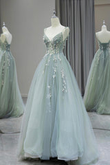 Stylish Spaghetti Strap Tulle Floor Length Formal Dress, Gray Green V-Neck Backless Party Dress