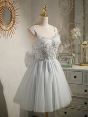 Sweetheart Neck Short Gray Tulle Prom Dresses, Short Grey Tulle Formal Graduation Dresses