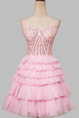 Sweetheart Pink Lace Corset Tiered Short Homecoming Dress