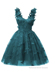 Teal 3D Butterfly Lace Applique Tulle Homecoming Dress for Teens Sweetheart Mini Short Prom Dresses