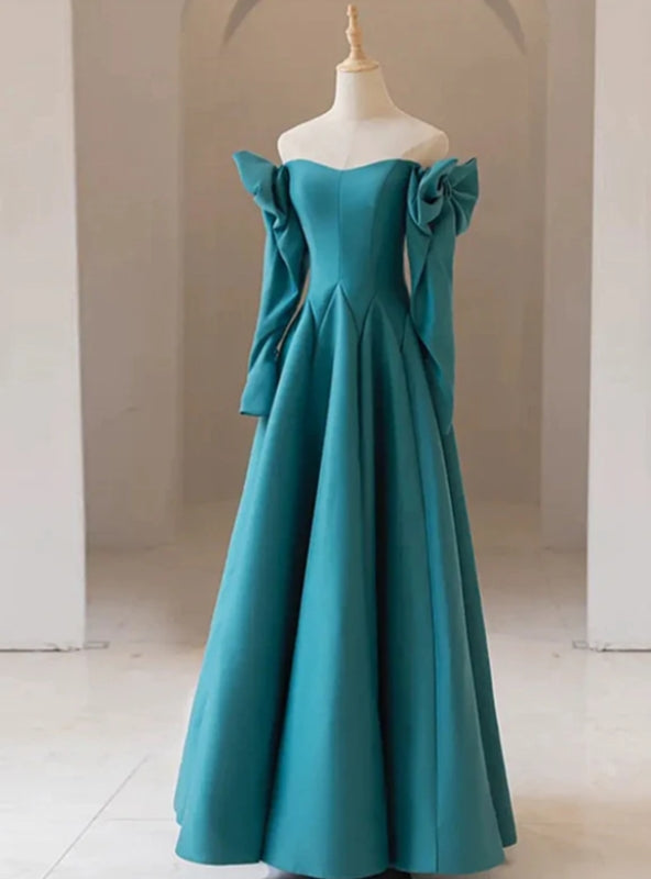 Teal Blue Long Sleeve Off the Shoulder Prom Dress