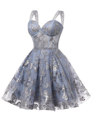 Teens Sparkly Tulle Gray Homecoming Dresses Spaghetti Straps Short Cocktail Party Prom Dress