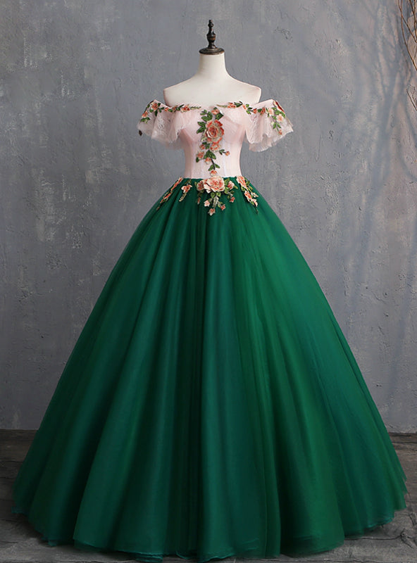 The Cheap Price Green Ball Gown Tulle Off the Shoulder Appliques Quinceanera Dress