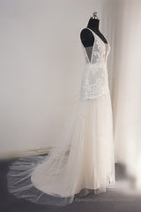 Trendy Ivory Sleeveless Lace Tulle High split A line Wedding Dress