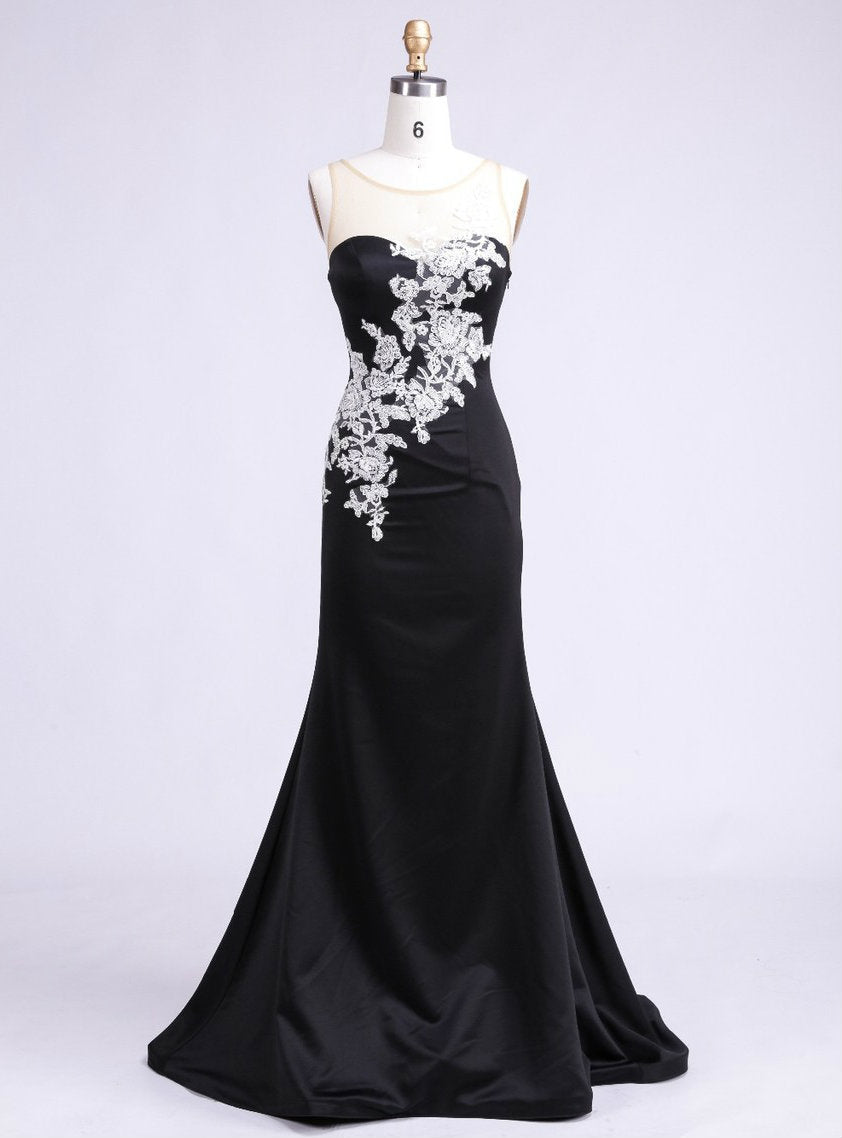 Trendy Scoop Floor Length See Through Back Appliques Party Polyester Formal Black