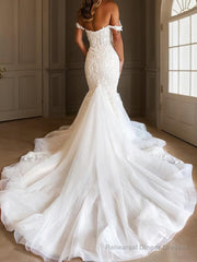 Trumpet/Mermaid Off-the-Shoulder Cathedral Train Tulle Wedding Dresses