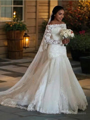 Trumpet/Mermaid Off-the-Shoulder Sweep Train Tulle Wedding Dresses With Appliques Lace