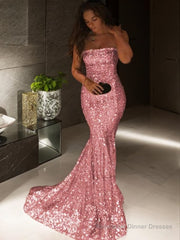 Trumpet/Mermaid Strapless Sweep Train Sequins Prom Dresses