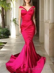 Trumpet/Mermaid Sweetheart Sweep Train Elastic Woven Satin Prom Dresses With Ruffles