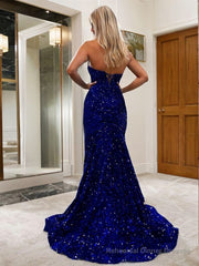 Trumpet/Mermaid Sweetheart Sweep Train Velvet Sequins Evening Dresses With Ruffles