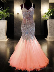 Trumpet/Mermaid V-neck Floor-Length Tulle Prom Dresses With Rhinestone