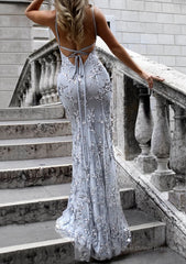 Trumpet/Mermaid V Neck Sleeveless Sweep Train Tulle Evening Dress With Beading Appliqued