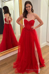 Tulle A Line Strapless Red Corest Long Prom Dress