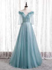 Turquoise Tulle Sequins Short Sleeve Prom Dress