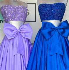 Two Pieces Long Prom Dress with Beaded Top and Bow