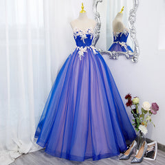 Unique Blue and Pink Formal Gown with Lace, Sweetheart Blue Floor Length Prom Dress