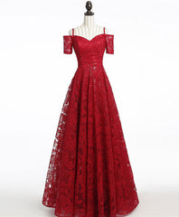 Unique Burgundy Lace Long Prom Dress, Burgundy Evening Dress