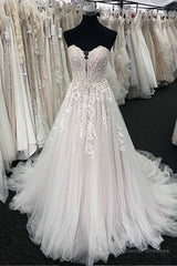 Unique Long A-line Lace Sweetheart Tulle Wedding Dress