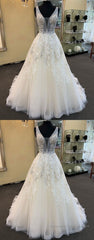 Unique Long A-line Tulle V Neck Beaded Lace Wedding Dress