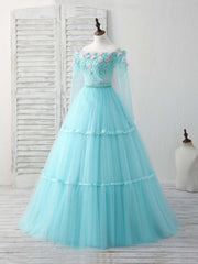 Unique Tulle Lace Applique Long Prom Dress, Green Evening Dress