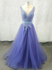 Unique V Neck Tulle Lace Applique Long Prom Dress, Tulle Evening Dress