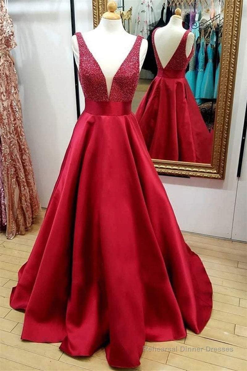 V Neck and V Neck Sequins Burgundy Long Prom Dress, V Neck Burgundy Formal Graduation Evening Dress