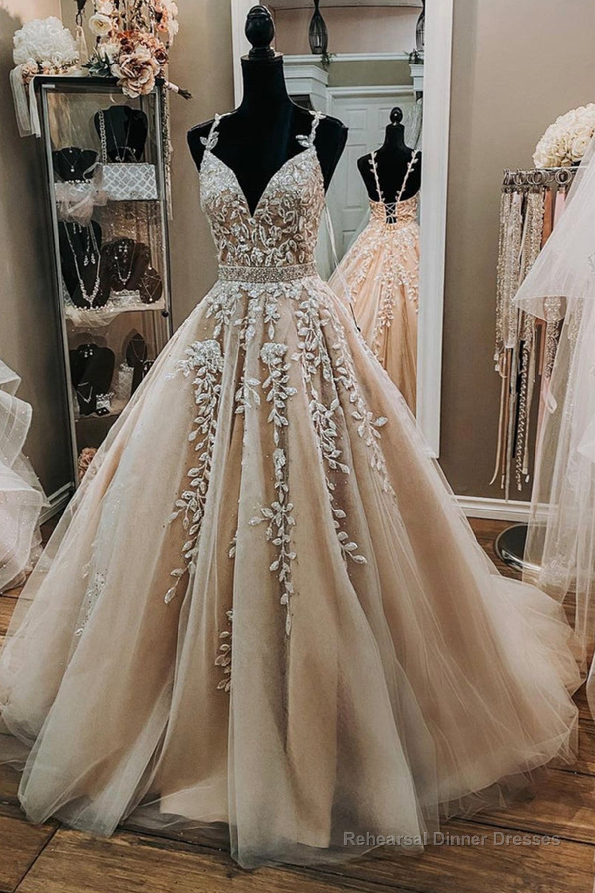 V Neck Backless Champagne Tulle Lace Long Prom Dresses, Champagne Lace Formal Evening Dresses, Champagne Ball Gown