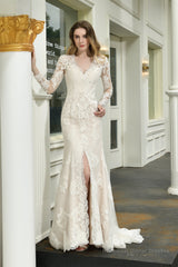 V-Neck High Split Long Sleeves Lace Wedding Dresses With Court Train