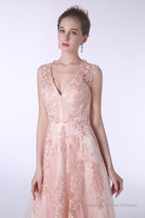 V-Neck Lace Applique Tulle A Line Peach Pink Prom Dresses