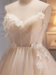 V Neck Light Champagne Tulle Short Prom Dresses, Short Champagne Tulle Formal Homecoming Dresses