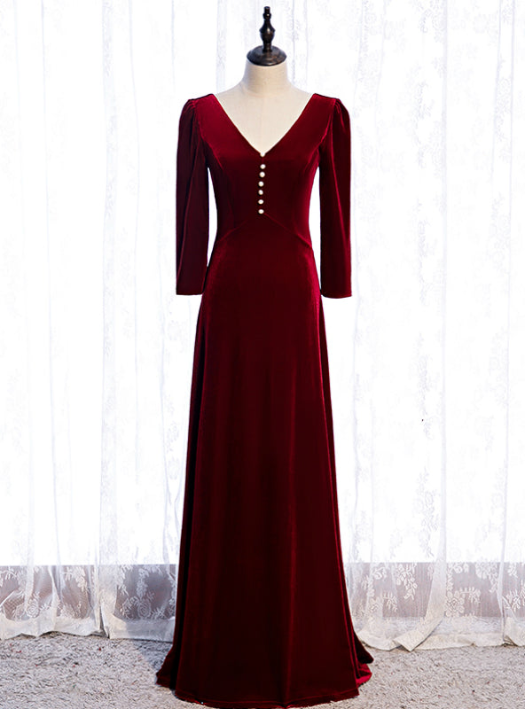 V-neck Long Sleeve Velvet Burgundy Prom Dress