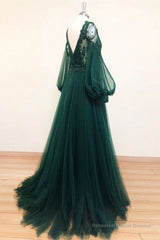 V Neck Long Sleeves Green Lace Prom Dresses, V Neck Green Lace Formal Evening Dresses