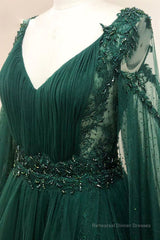 V Neck Long Sleeves Green Lace Prom Dresses, V Neck Green Lace Formal Evening Dresses