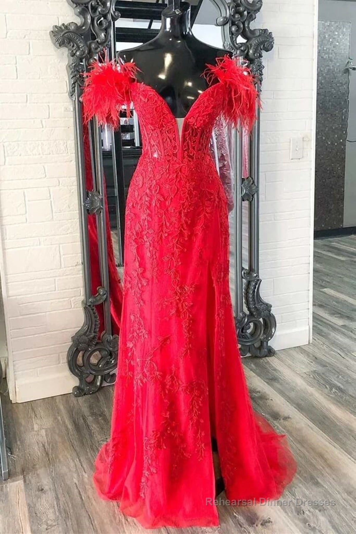 V Neck Mermaid Off Shoulder Red Lace Long Prom Dress, Mermaid Red Formal Dress, Red Lace Evening Dress